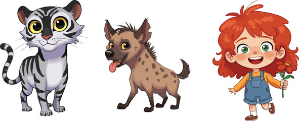 Cartoon cat, funny hyena, and happy red-haired girl holding flower, cute characters for kids, isolated on white background, illustration