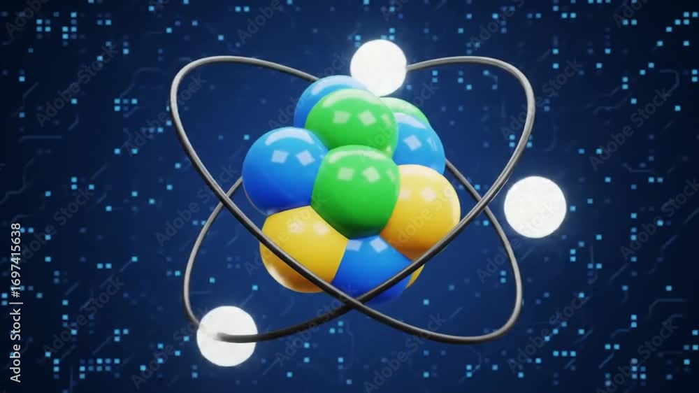 Poster atom model animation rotating with blue background with white orbits