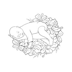 Newborn baby lies on arm with flowers. Hand holds child. Birth of child, baby shower card, newborn. Anemone bud Graphic vector illustration, line art for postcard, articles