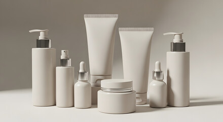 Natural Organic Skincare Product Mockup Collection with Eco-Friendly Packaging, Cream Jars, Serum Bottles, Lotion Tubes, and Pump Dispensers on Beige Background, Clean Minimalist Cosmetic Design