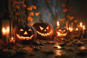 Fototapeta premium Spooky halloween pumpkins glowing with scary faces and candles create an atmospheric holiday scene