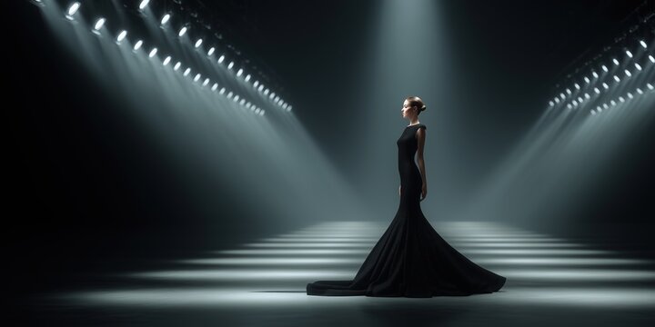 A picture of a model wearing a black evening gown walking on a show stage