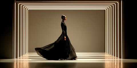 A picture of a model wearing a black evening gown walking on a show stage