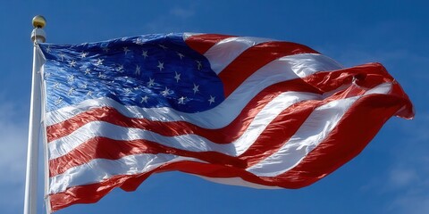 The American flag is blowing in the wind on a sunny day, a true symbol of freedom.