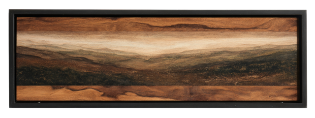 A landscape painting on wood, featuring muted colors and a hazy atmosphere