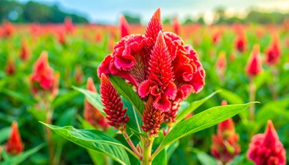 Vibrant red cockscomb flower cluster in a field