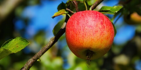 Obraz premium A vibrant red apple hangs from a tree branch, ready for harvest in the sunshine.