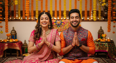 A couple dressed in traditional Indian attire sits side by side, performing a namaste greeting during a festive Diwali pooja with marigold garlands and lamps.