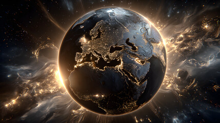 Naklejka premium Planet Earth in space with glowing lights and cosmic energy background