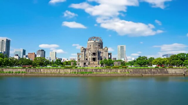 Hiroshima Peace Memorial Grey Building Overlooking Calm River View