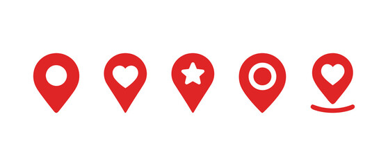 Set of red location pin icons, with different symbols like a heart and a star, for maps and GPS navigation