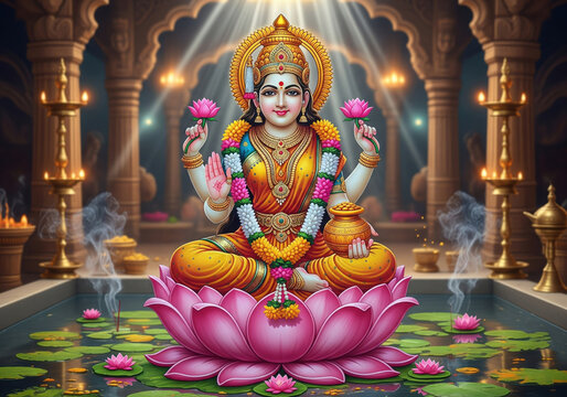A richly adorned Goddess Lakshmi is depicted seated on a vibrant pink lotus, holding lotus flowers and gold coins, surrounded by glowing oil lamps in a divine setting.