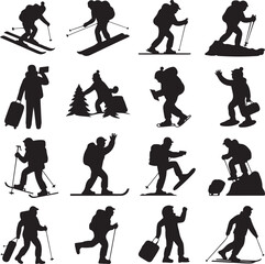 Winter Sports And Travel Silhouettes With Mountains And Trees Keywords: skiing, snowboarding