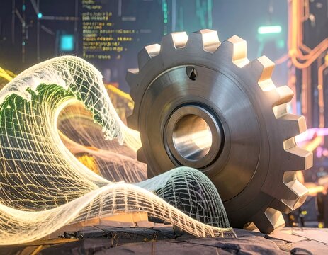 Metallic gear with glowing wave graphic over industrial background