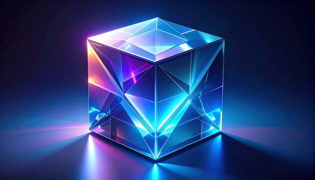 Geometric crystal cube, vibrant neon light