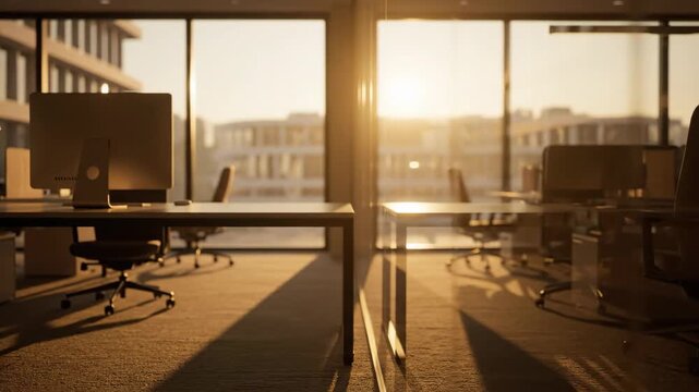 Sunset in Modern Office - Sunlight streams through a glass partition in a contemporary office space at sunset, illuminating empty desks and chairs.