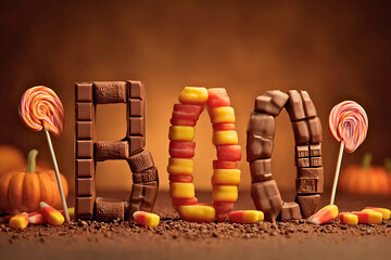 Halloween spooky boo sign made from chocolate candy and lollipops festive autumn decoration