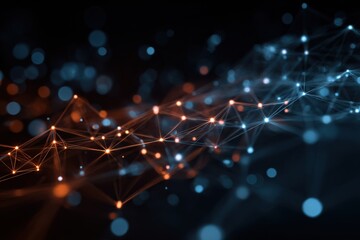Abstract futuristic digital network with glowing nodes and interconnected lines in blue and orange tones