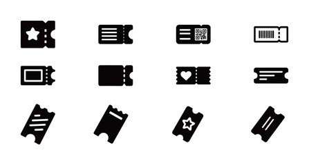 Set of cinema and event ticket icons, in different styles and shapes, for movies, concerts, and entertainment