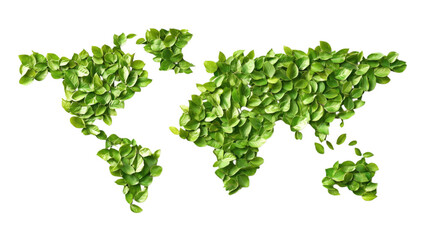World map constructed of lush green leaves representing global environmental awareness transparent background