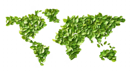 World map constructed of lush green leaves representing global environmental awareness transparent background