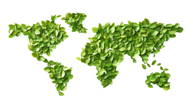 World map constructed of lush green leaves representing global environmental awareness transparent background - Powered by Adobe