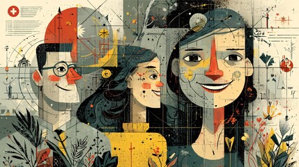 Abstract illustration of diverse people with geometric shapes and nature