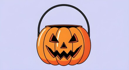A flat vector illustration of a classic Halloween candy bucket. It features a smiling jack-o'-lantern face on an orange pumpkin and is topped with a black handle for carrying treats.