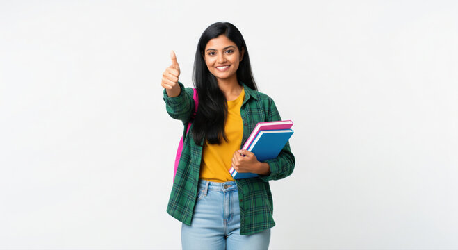 Young indian collage girl showing thumps up and holding books