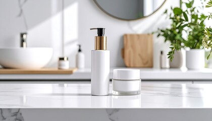 Fototapeta premium Modern bathroom countertop with skincare products