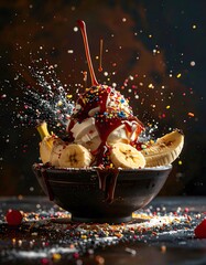 Juicy banana slices topped with ice cream, colorful sprinkles, chocolate syrup, and a cherry in a black bowl with falling confetti and splashes for dessert