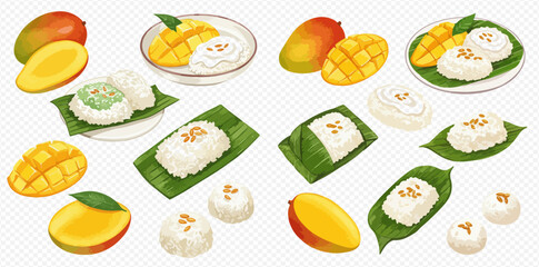 An illustrated collection of mango sticky rice, a popular Thai dessert with fresh mangoes, glutinous rice, and coconut milk.