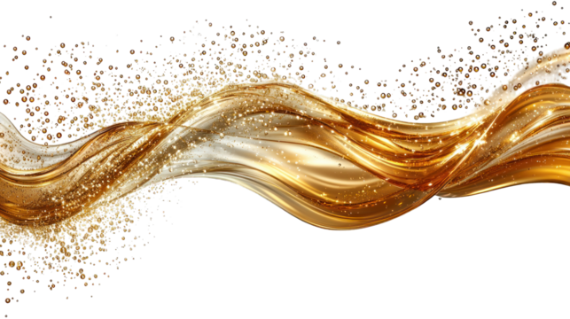 Flowing gold and white ribbon with glittering particles on black background