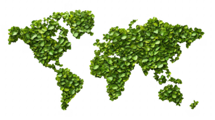 World map created from lush green leaves illustrating earth day and environmental conservation transparent background