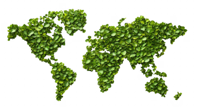 World map created from lush green leaves illustrating earth day and environmental conservation transparent background