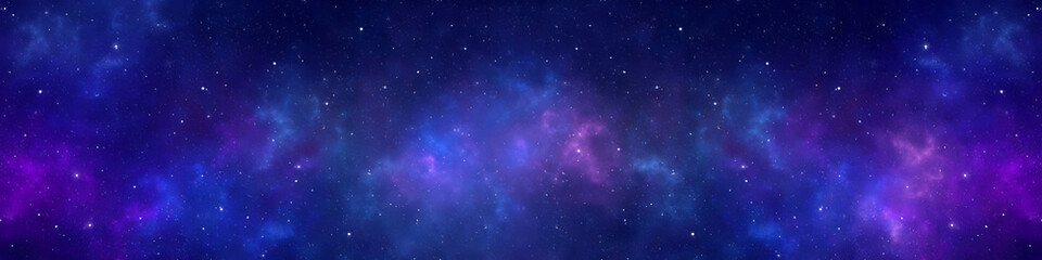 Fototapeta premium A vast and shimmering expanse of deep space illuminated by nebulous clouds of purple and blue light and countless distant stars creating a breathtaking cosmic panorama 