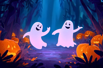 Spooky halloween night with dancing ghosts and jack-o-lanterns in enchanted forest