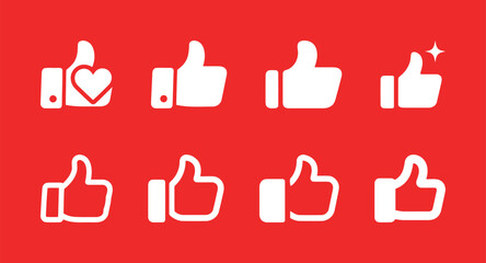 Set of thumbs up and like icons on a red background, for social media, feedback, and positive ratings