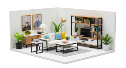 Isometric interior design, light walls, minimalist furniture, plants, cozy style