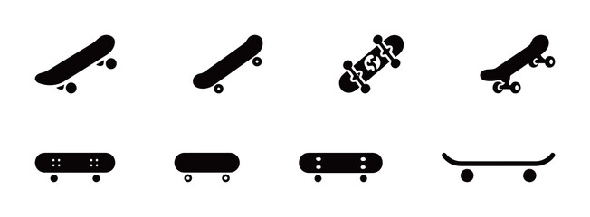 A collection of skateboard icons, from different perspectives, for hobbies, sports, and extreme recreation © cheng