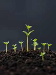 Fototapeta premium Growing Tall - One plant growing taller than all the other seedlings in the dirt. Concept for success or achievement.