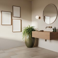 Three mockup poster frames in a serene modern minimalist bathroom with wooden vanity, brass fixtures, round mirror, and green fern