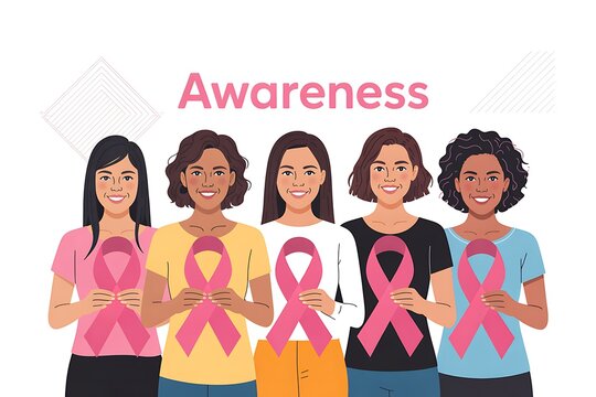 Diverse women united in support, holding pink ribbons for breast cancer awareness, symbolizing hope and solidarity - Powered by Adobe