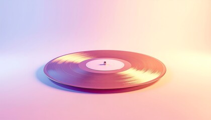 A vinyl record is displayed against a gradient background of pink, purple, and yellow hues.