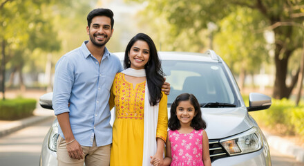 happy couple with daughter standing with new car
