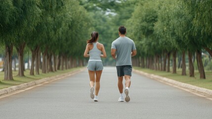 Obraz premium Young couple jogging together on scenic pathway surrounded by green trees on a sunny day, promoting fitness, health, and active lifestyle choices