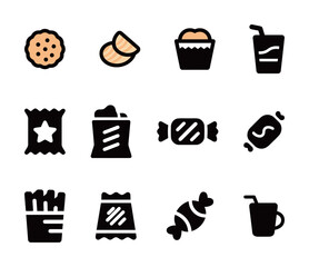 A collection of snack and junk food icons, including cookies, chips, and candy, for a variety of food and treats