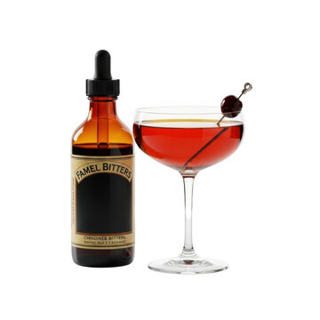 Famel bitters bottle and a cocktail isolated on transparent background