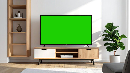 Front view of a blank television with a green screen in a bright, minimalist scandinavian style living room