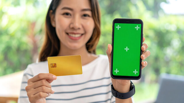 Happy young woman showing a blank green screen on her mobile phone and a credit card for e-commerce and digital payment